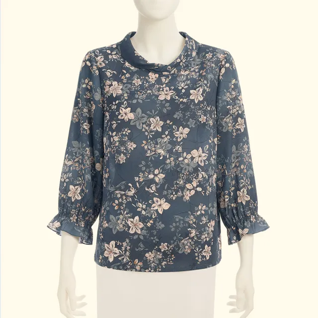 【ILEY 伊蕾】花朵印花翻領荷葉雪紡上衣(紫;M-2L;1253011410)