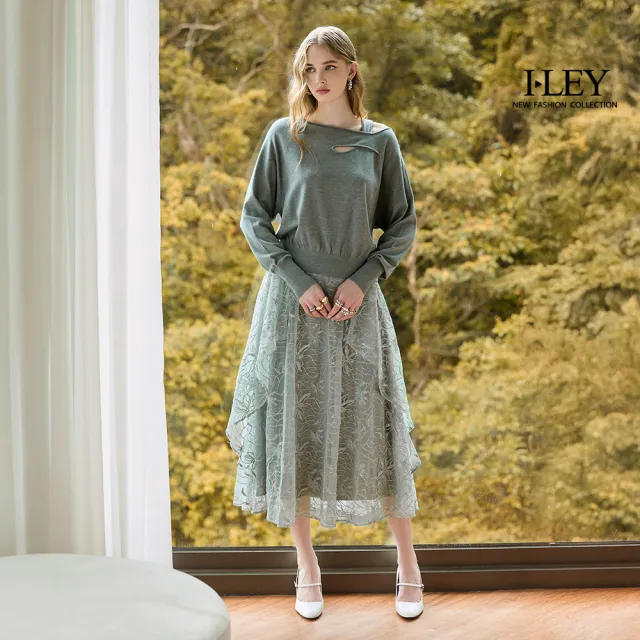 【ILEY 伊蕾】花朵刺繡亮片蕾絲網紗長裙(灰；M-XL；1253612203)