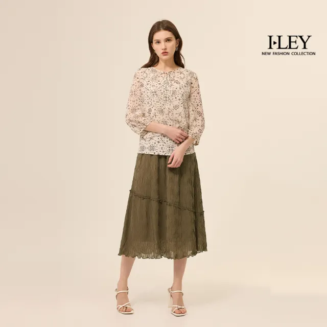 【ILEY 伊蕾】壓褶小荷葉鬆緊中長裙(咖；M-XL；1253072305)