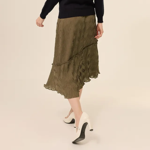 【ILEY 伊蕾】壓褶小荷葉鬆緊中長裙(咖；M-XL；1253072305)