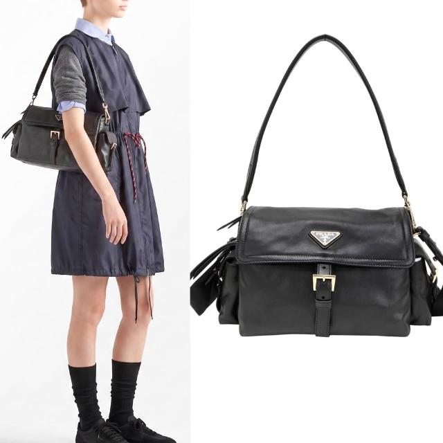 【PRADA 普拉達】Explore 中款 金三角牌 納帕羊皮 雙袋翻蓋手提 肩斜背包(黑色)