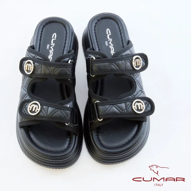 【CUMAR】菱格紋雙帶厚底涼拖鞋726-024(黑色)