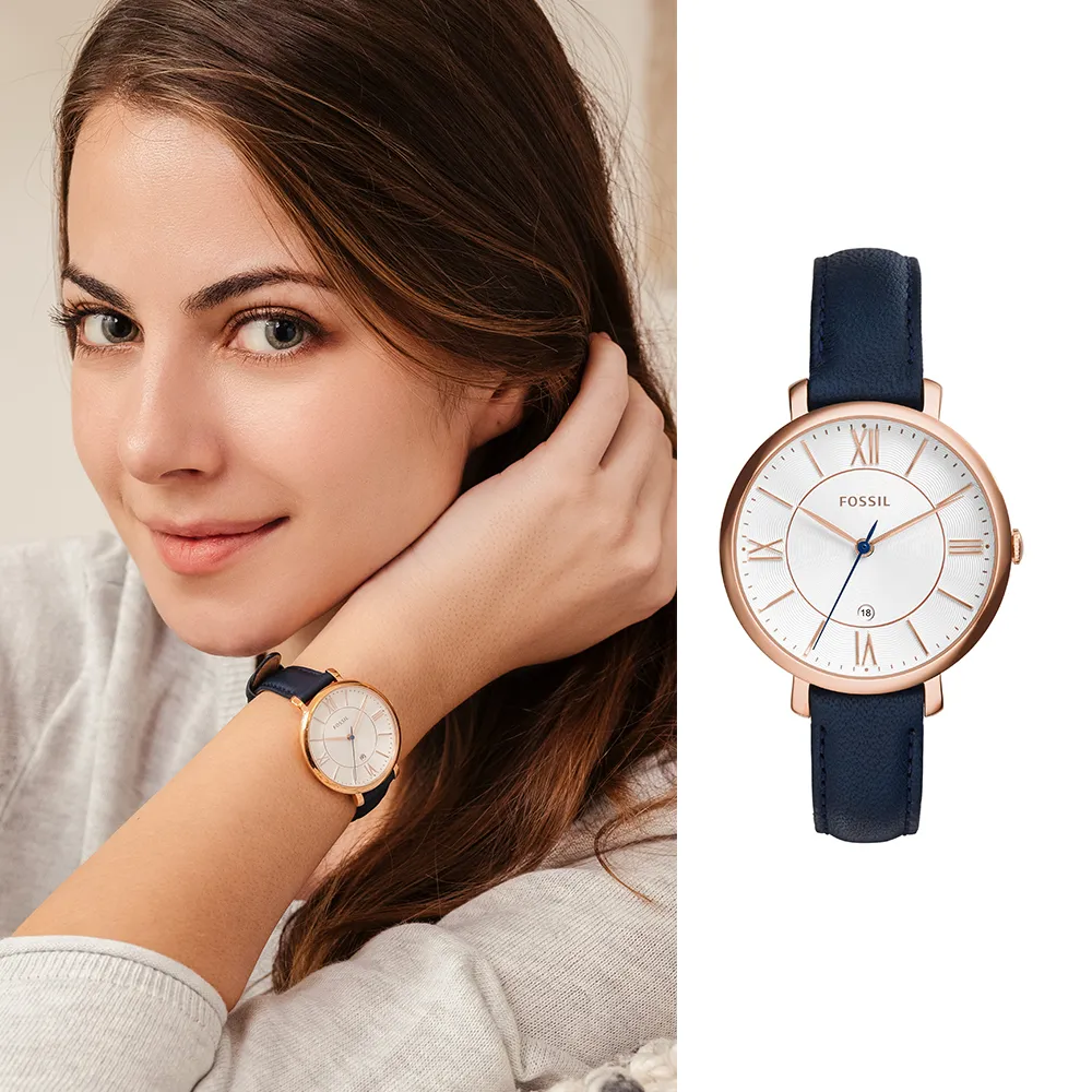 【FOSSIL】Jacqueline 藍色經典皮革指針女錶 手錶 36mm ES3843