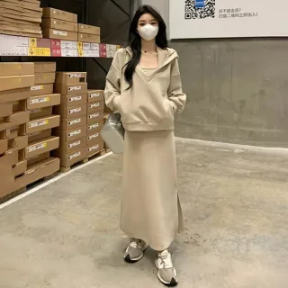 【Uicy】韓版寬鬆連帽上衣+背心長裙 套裝 長袖上衣 長袖t恤 衣