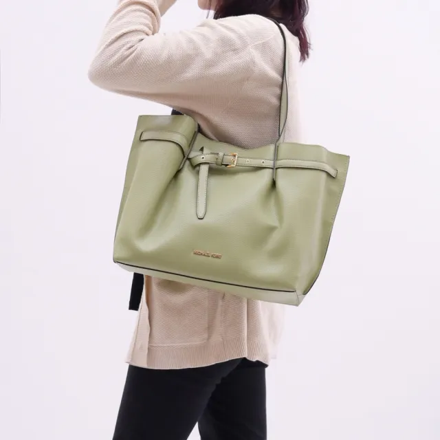 【Michael Kors】EMILIA 質感綁結造型肩背三層托特包花朵包(草綠)