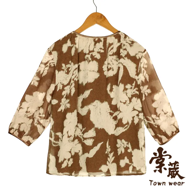 【TOWN’WEAR 棠葳】侘寂印象花卉雪紡上衣(中大尺碼/女上衣/女上著/七分袖/透膚/印花)