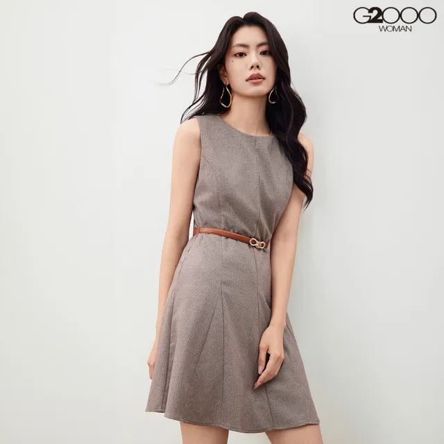 【G2000】女款 圓領無袖傘裙附腰帶洋裝-亞麻棕(5623214214)