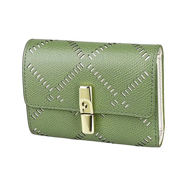【FURLA 芙拉】FURLA Iride立體金釦LOGO小牛皮鏤空設計6卡磁釦式三折中夾(小/酪梨綠x淡粉紅)