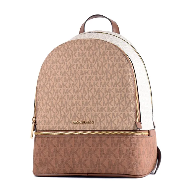 【Michael Kors】RHEA 拚色緹花LOGO防刮雙拉鍊後背包-棕/卡其/中