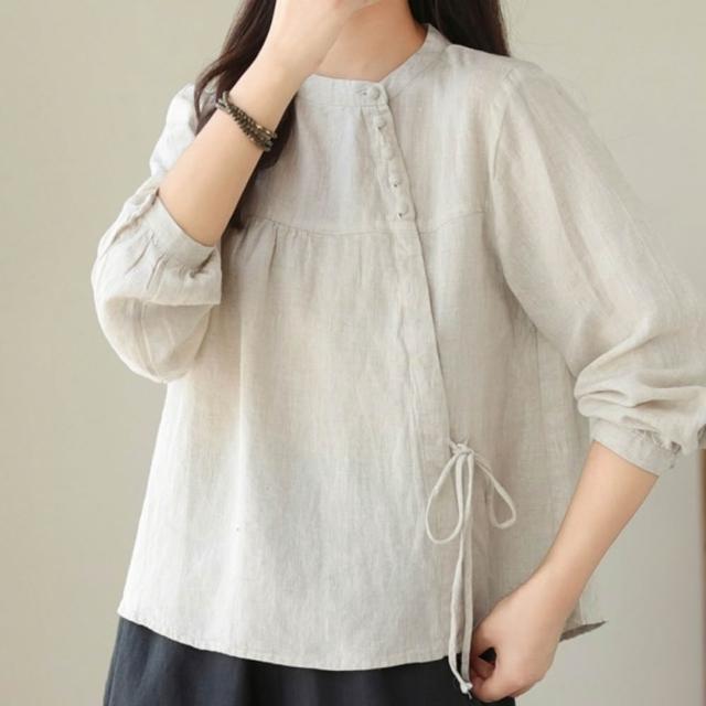【ASister 小姊姊】AS2645#女裝｜棉麻上衣☆立領側釦七分袖綁帶上衣(4色 M-4XL)