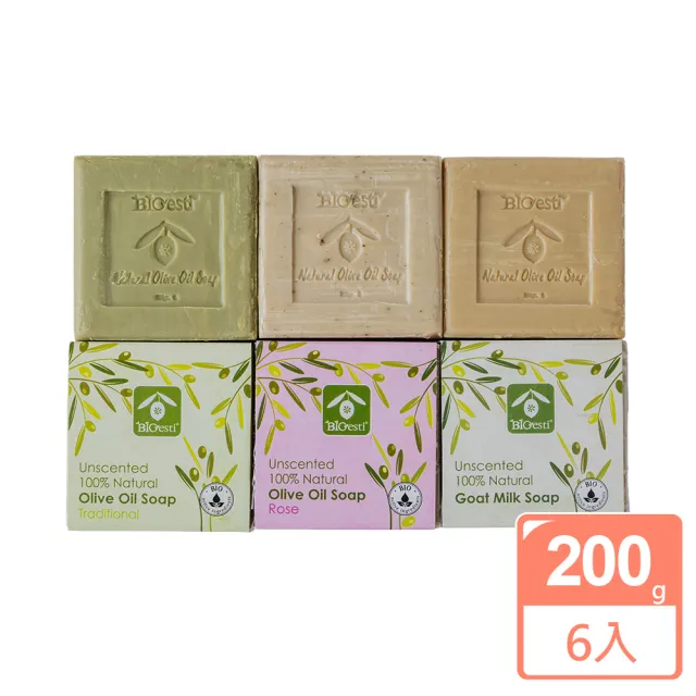 【BIOESTI】希臘高純度頂級橄欖馬賽皂200克6入組(經典原味/山羊奶/玫瑰)