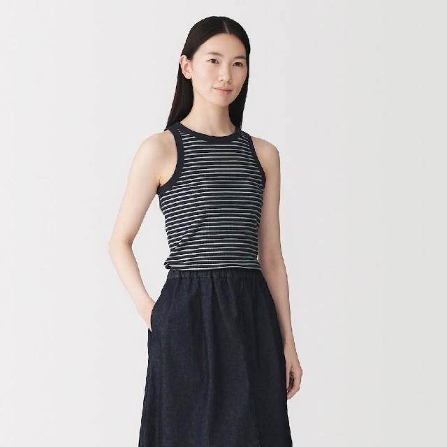 【MUJI 無印良品】女柔滑羅紋削肩坦克背心(柔白/黑色/象牙白橫紋/淺粉橫紋/淺綠橫紋/深藍橫紋)