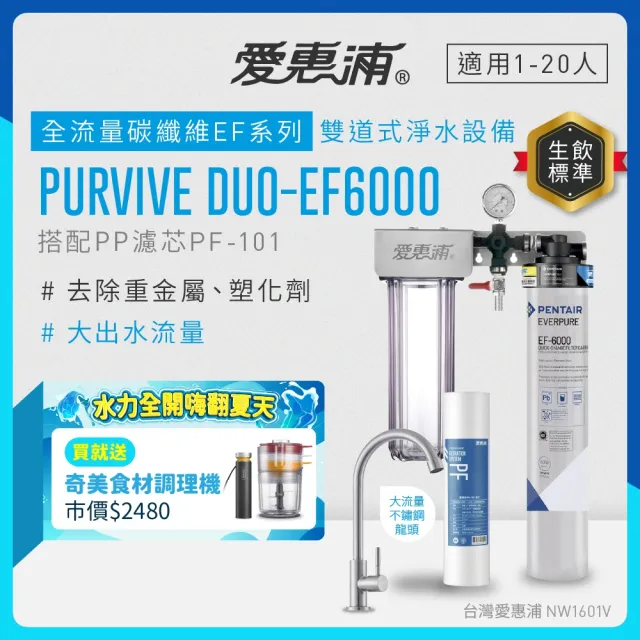【EVERPURE 愛惠浦】櫥下型 PURVIVE Duo-EF6000大流量不鏽鋼龍頭兩道式生飲淨水器(前置PP)