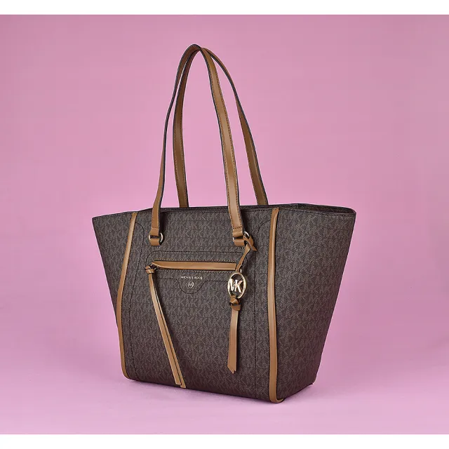 【Michael Kors】MK MICHAEL KORS CARINE金字LOGO印花PVC滾邊牛皮邊拉鍊肩背托特包(棕x橡子棕)