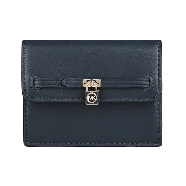 【Michael Kors】MK MICHAEL KORS Hamilton Legacy縮寫LOGO鑰匙鎖頭吊墜牛皮2卡釦式卡片零錢包(海軍藍)