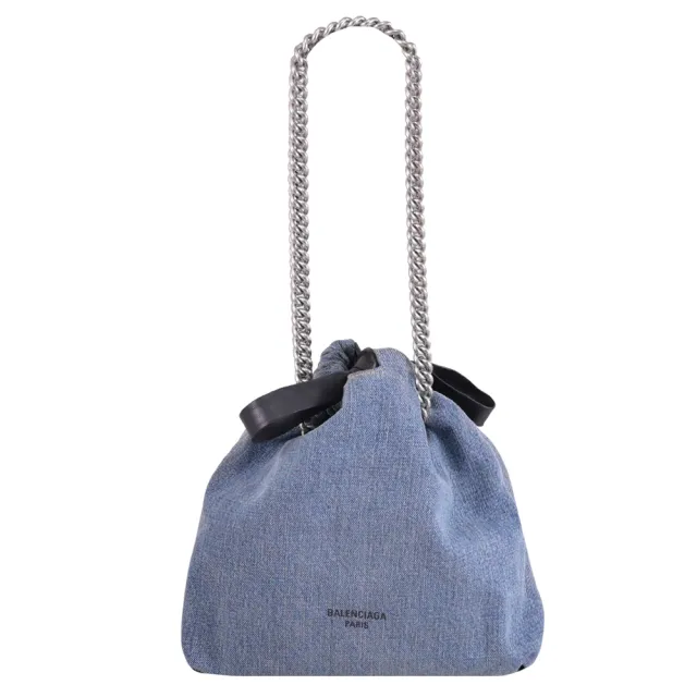 【Balenciaga 巴黎世家】CRUSH TOTE 簡約LOGO丹寧牛仔鍊包托特包(藍)