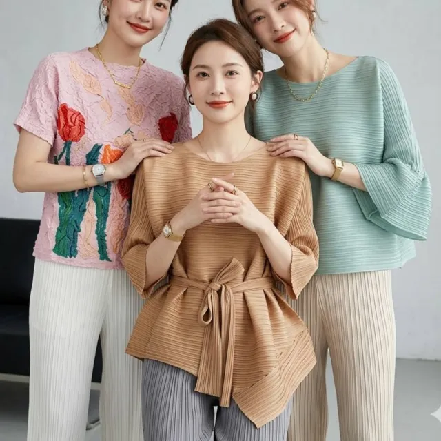 【巴黎精品】現貨限搶 三宅風皺褶衣服褶皺上衣高級摺衣彈力女裝顯瘦折衣大碼(五分袖釘珠寬鬆T恤10款a1jb2)