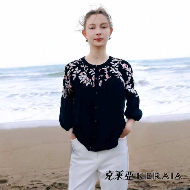 【KERAIA 克萊亞】靜夜枝梅刺繡雪紡上衣