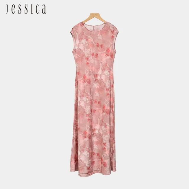 【JESSICA】高雅簡約圓領柔和印花蠶絲無袖長洋裝J63708