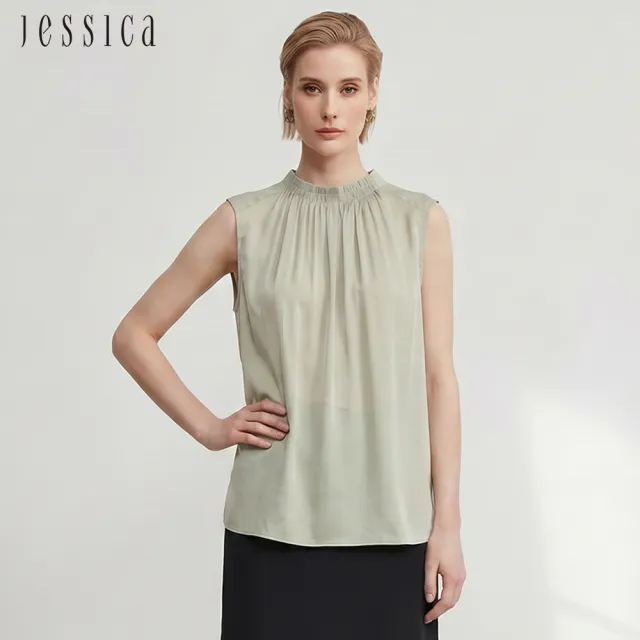 【JESSICA】百搭氣質立領抓皺蠶絲無袖背心上衣（綠）J63305