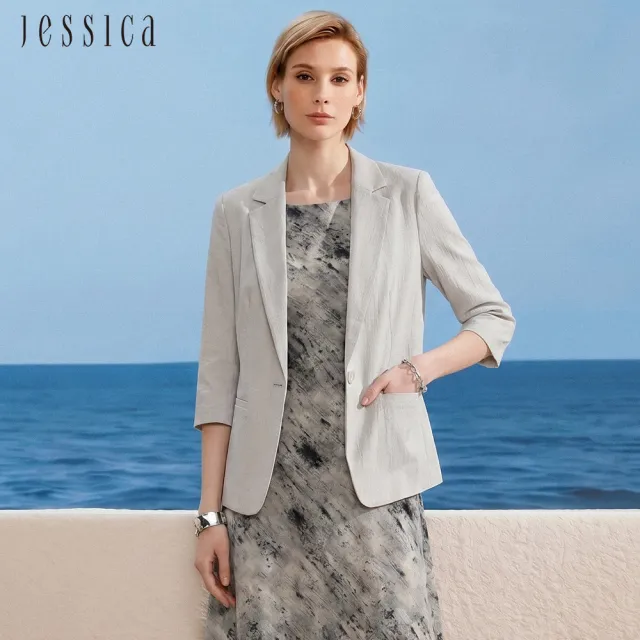 【JESSICA】氣質知性素色蠶絲七分袖西裝外套（灰綠）J63001