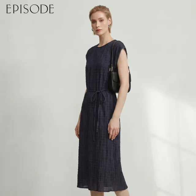 【EPISODE】百搭氣質蠶絲混棉格紋落肩洋裝E63712