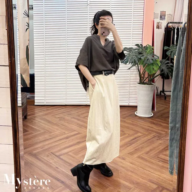 【my stere 我的時尚秘境】高腰修身顯瘦窄裙 附造型腰帶 奶杏色 A字裙 直筒裙 窄筒裙 顯瘦 