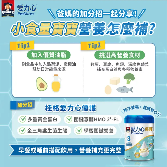 【QUAKER 桂格】愛力心優護幼兒成長奶粉800g*1罐(3號 1-3歲幼兒適用 無添加蔗糖)