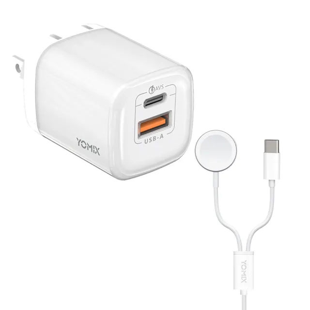 【YOMIX 優迷】二合一充電線★60W GaN氮化鎵迷你雙孔快充充電器(Type-C/USB-A/PD3.0/筆電快充/充電頭)