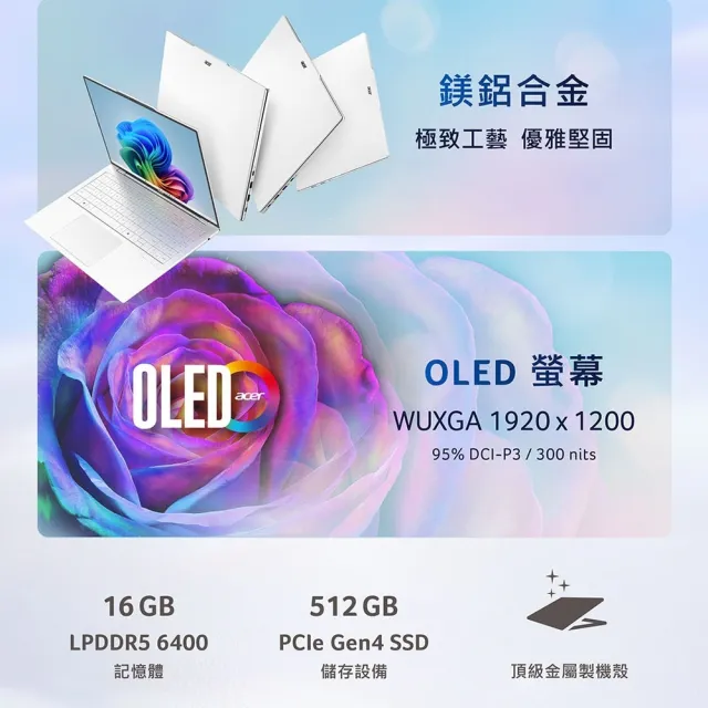 【Acer】送羅技滑鼠★16吋Ryzen AI 5輕薄OLED AI 筆電(Swift Air/SFA16-61M-R3W0/R5-330/16G/512G/W11)