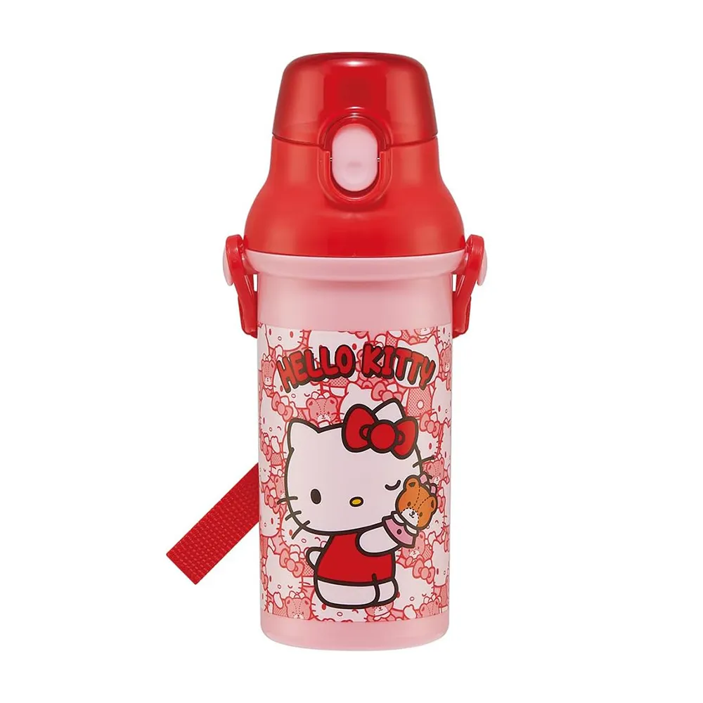 【百科良品】日本製 Hello Kitty凱蒂貓 小熊 彈蓋直飲水壺 隨身瓶 抗菌加工 480ML-紅(附背帶)