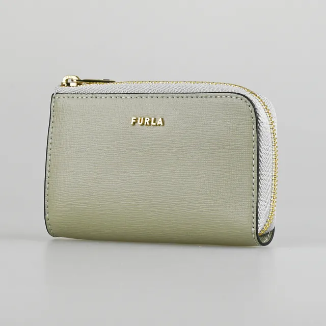 【FURLA 芙拉】FURLA BABYLON金字LOGO防刮牛皮拉鍊零錢包(大理石灰x芭蕾粉)