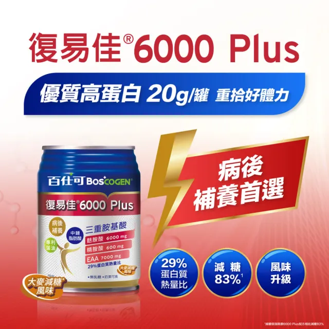 【Boscogen 百仕可】復易佳6000 Plus營養素 大麥減糖配方_250mL*24入(養復首選 三重胺基酸)