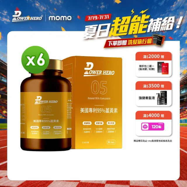 【PowerHero 勁漢英雄】美國專利95%薑黃素x6盒(60顆/盒、法國朝鮮薊萃取物、專利黑胡椒鹼萃取、牛磺酸)
