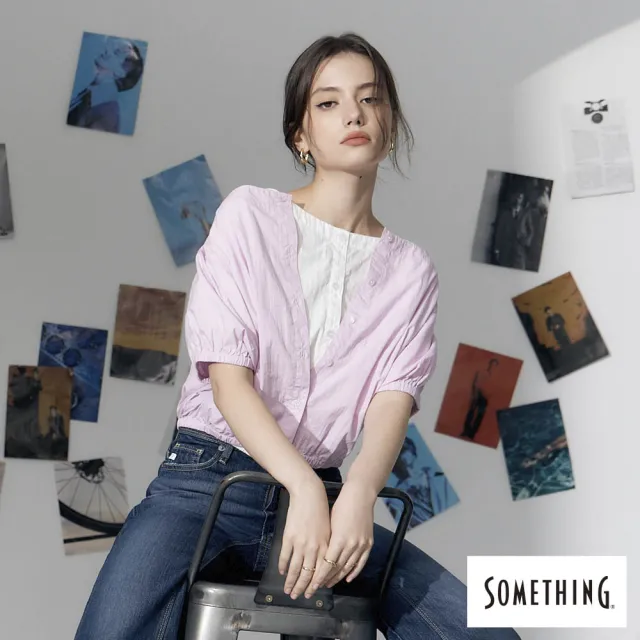 【SOMETHING】女裝 一字領寬版短袖上衣(淡粉紅)