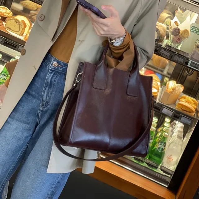 【巴黎精品】真牛皮側背包真皮包包單肩背包托特包手提包女包包(簡約斜背包通勤6色a1ce20)