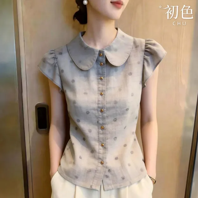 【初色】法式復古純色波點娃娃領短袖抓皺袖口單排扣襯衫上衣女上衣-灰色-52552(M-XL可選)