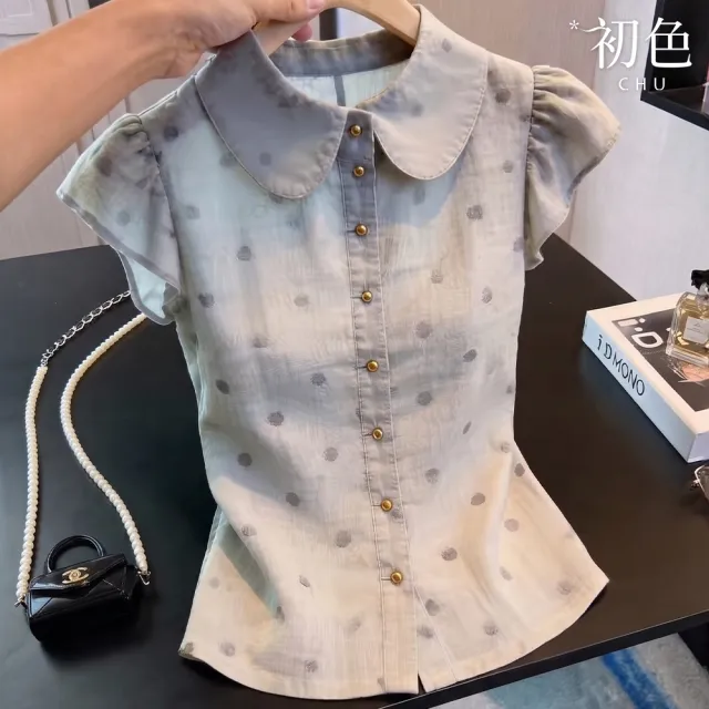 【初色】法式復古純色波點娃娃領短袖抓皺袖口單排扣襯衫上衣女上衣-灰色-52552(M-XL可選)