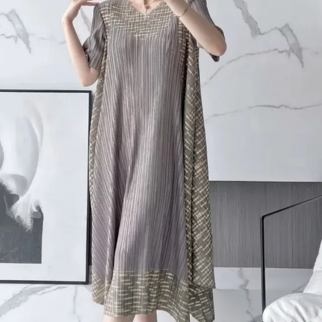 【巴黎精品】多款三宅風皺褶衣服洋裝(復古印花優雅氣質A字裙摺衣壓褶連身裙折衣女裙子5色k2ba48 A)