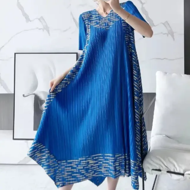 【巴黎精品】多款三宅風皺褶衣服洋裝(復古印花優雅氣質A字裙摺衣壓褶連身裙折衣女裙子5色k2ba48 A)