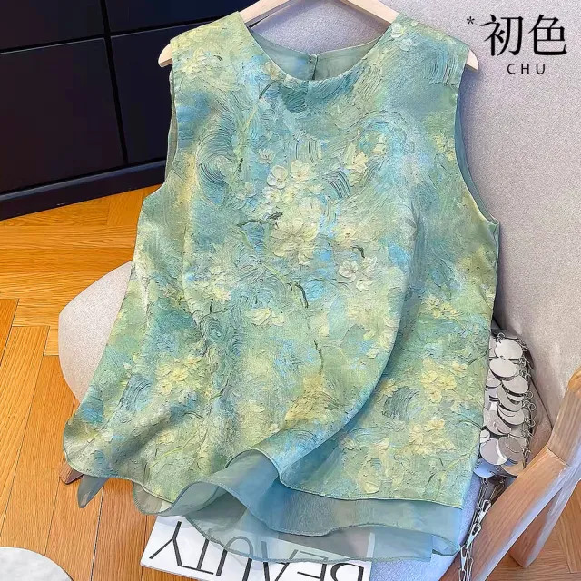 【初色】文藝風寬鬆圓領無袖油畫印花假兩件紗網背心女背心-綠色-52462(M-2XL可選)