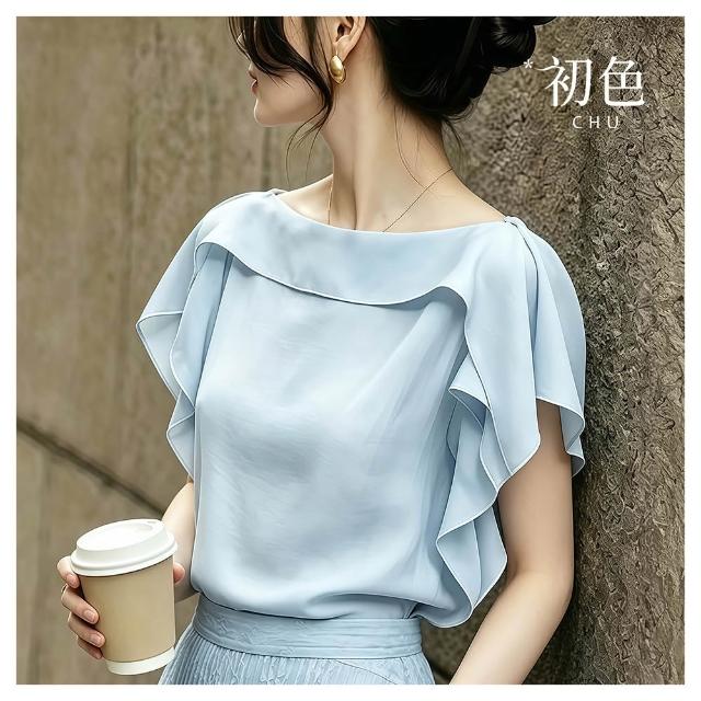 【初色】法式優雅風純色一字領顯瘦荷葉短袖雪紡上衣女上衣-共3色-52489(M-3XL可選)