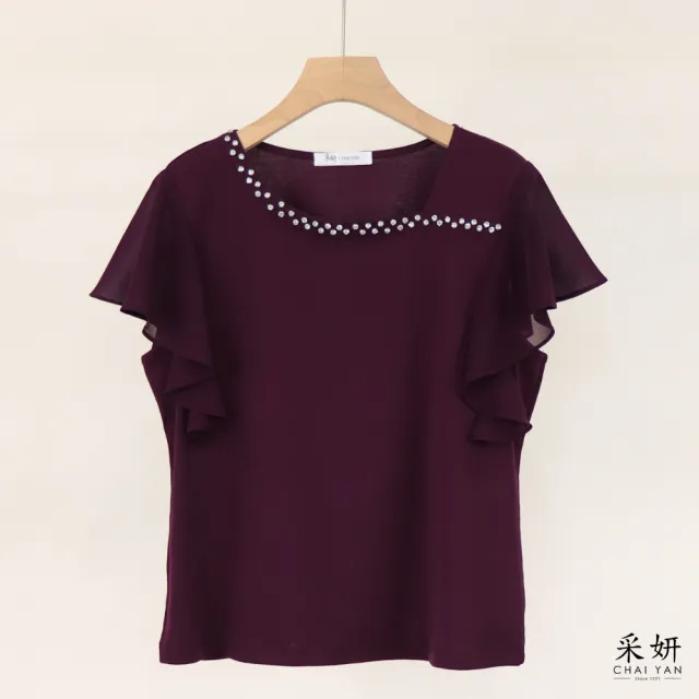 【CHAI YAN 采妍】水鑽雪紡袖短袖上衣(春夏女裝/中大尺碼/專櫃/寬鬆/透氣)