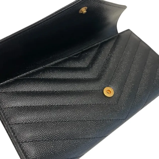 【YSL】魚子醬牛皮金色LOGO釦式長夾 黑色