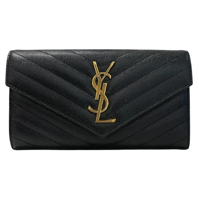 【YSL】魚子醬牛皮金色LOGO釦式長夾 黑色