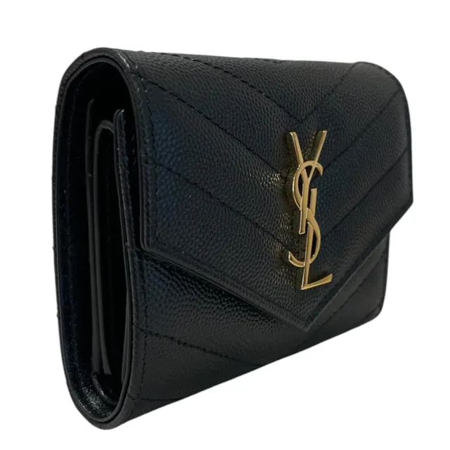 【YSL】牛皮三折開釦短夾零錢包 黑色
