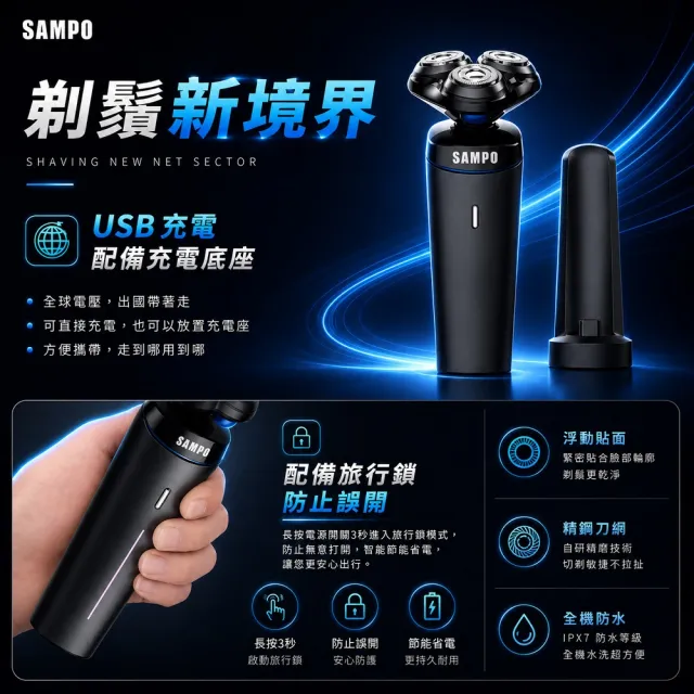【SAMPO 聲寶】4D水洗三刀頭電動刮鬍刀/電鬍刀(EA-Z1904WL)
