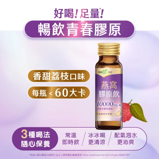 【我的健康日記】膠原飲96入組(蜂王、燕窩 兩款任選 10000毫克小分子膠原蛋白)