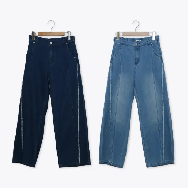 【MOSS CLUB】抽鬚裝飾剪接牛仔寬褲 淺藍 深藍