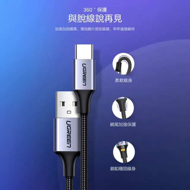 【綠聯】USB-A to Type-C 快充傳輸線 Aluminum BRAID版 2M 黑色(A-C快充線/編織線/UGREEN)